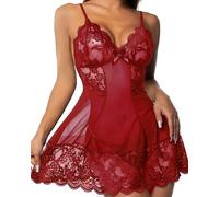 JFAN Lenceria Mujer Pijama Mujer Camisón de Encaje Lingerie con Bordados Conjunto Elegante Mujer Bodydoll Ropa Interior Dormir Vestido y Tangas Rojo