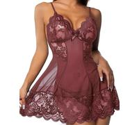 JFAN Lenceria Mujer Pijama Mujer Camisón de Encaje Lingerie con Bordados Conjunto Elegante Mujer Bodydoll Ropa Interior Dormir Vestido y Tangas Borgoña