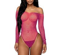JFAN Lencería para Mujer Encaje Mallas Bodysuit de Diamantes Brillante Bodis de Mujer de Vestir para Fiesta Talla única A-Rosa