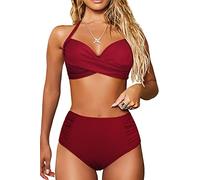 JFAN Traje de Baño Mujer 2 Piezas Conjunto de Bikini Push Up Bañador Bikini Tops y Bottoms Cintura Alta (Borgoña,XL)