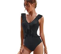JFAN Trajes de Baño de Una Pieza para Mujer Monokini Ropa de Baño Cuello en V Floral Volantes Traje de Una Pieza Bikini Bañadore Set Negro,M
