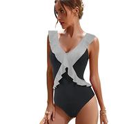 JFAN Trajes de Baño de Una Pieza para Mujer Monokini Ropa de Baño Cuello en V Floral Volantes Traje de Una Pieza Bikini Bañadore Set Negro Blanco,S