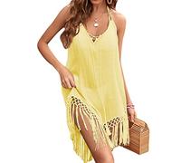 JFAN Vestido de Verano de Crochet y Espalda Abierta Pareos y Camisola con Borla Cubrir Traje de Baño de Playa para Mujer Amarillo