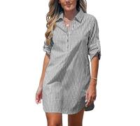 JFAN Vestidos Casual Mujer Elegante Vestido de Camisa Manga Larga con Abotonado Vestido de Blusa de Cuello V a Rayas Verano Negro L