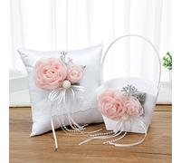 JFBUCF Juego de almohada para anillos de boda y cesta para niña de flores, cesta de flores de satén blanco con flores rosas y lazo de perlas, almohada de anillo marfil para bodas, 22 x 14 x 10 cm