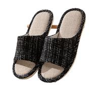 JFNKLFG Pantuflas de lino Four Seasons for mujer, for interior y hogar, antideslizantes, suela, silenciosas transpirables(Black,38-39)