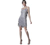 JFNKLFG Sexy Silver Sequin Tassel Gown V-Ne Hanging Ne Performance Dance Evening Dr For Women Polyester Fiber Mid-Length Skirt(Grey,L)