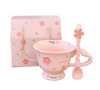 JFNKLFG Taza de cerámica Sakura creativa con relieve flores, té y café rosa, utensilios cocina for el hogar, estilo Para té café(1 set-C)