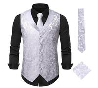 JFNKLFG Traje de hombre Chaleco Corbata Patrón cachemira Ceremonia anfitrión boda verano Ajuste holgado Mezcla algodón con un solo botón Para bodas, negocios y fiestas(White silver,S)