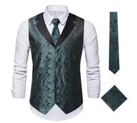 JFNKLFG Traje de hombre Chaleco Corbata Patrón cachemira Ceremonia anfitrión boda verano Ajuste holgado Mezcla algodón con un solo botón Para bodas, negocios y fiestas(Dark green,L)