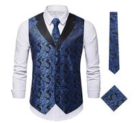 JFNKLFG Traje de hombre Chaleco Corbata Patrón cachemira Ceremonia anfitrión boda verano Ajuste holgado Mezcla algodón con un solo botón Para bodas, negocios y fiestas(Dark Blue,XXL)