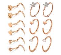 JFORYOU 12 Pcs Nose Rings Stainless Steel 22G Curved Nose Studs Hoop Nose Pin Bone Stud Piercing with Flower，Heart，CZ，C ShapeFor Women Men Girls 20G Rose Gold