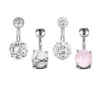 JFORYOU 4Pcs Belly Button Rings Stainless Steel 14G Fake Crystal CZ Navel Rings Barbells Belly Bar Women Girls Body Piercing Bar Length:6mm
