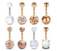JFORYOU 8PCS 14G 316L Stainless Steel Womens Belly Button Rings for Navel Rings Barbell Clear Diamond CZ Body Piercing Jewelry