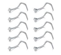 JFORYOU Nose Screw Rings Studs Curved Nose Bone 10Pcs 20G(0.8) Surgical Steel Silver Nose Piercing Jewelry 2mm Clear CZ