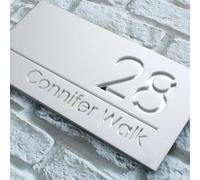 JFS Letreros de Números de Casa Personalizados para Exteriores, Dirección para Casa, Placa Exterior Grande (Blanco Plateado, 14 x 10 cm)