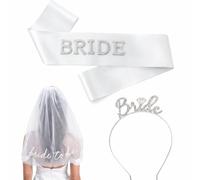 JGA - Juego de 3 accesorios para mujer, con diamantes de imitación, diadema, velo de novia blanco y faja, decoración nocturna para despedida de soltera y boda