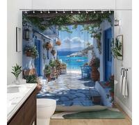 JGGXHM Cortina de Ducha con diseño de callejón Griego, Paredes encaladas, macetas de Terracota y Flores Poliéster, Lavable a máquina Decoración de baño con 12 Ganchos (150 x 180 cm/Ancho x Alto)