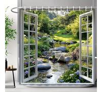 JGGXHM Cortina de Ducha con Paisaje Natural, decoración Moderna para el baño del hogar, Ventana, Bosque, Flores, Agua, diseño de jardín al Aire Libre, mampara de baño 139x200cm/WxH
