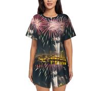 JGHHOUN Conjunto de pijama de manga corta con estampado de fuegos artificiales para mujer, 2 piezas, con bolsillos, suave y transpirable, Negro, S
