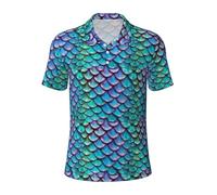JGHHOUN Polo versátil con estampado de escamas de pez verde azulado, transpirable, cómodo, de manga corta, ropa casual de verano, Negro, L