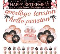 JGIIIJLP Pancarta de decoración de jubilación de oro rosa, 32 globos, pancartas, adornos para tartas, banda de jubilación, bandera de tirar, negro dorado, rosa, niños, paquete de fiesta de jubilación