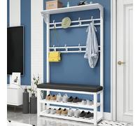 JGJSQYY Banco de zapatos de metal 3 en 1 con 10 ganchos y almacenamiento de zapatos de 2 niveles, organizador moderno de entrada, fácil montaje, negro, 100 x 30 x 172 cm, perfecto para pasillo y sala