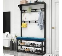 JGJSQYY Perchero de metal 3 en 1 y banco de zapatos con 10 ganchos y almacenamiento de zapatos de 2 niveles, organizador moderno de entrada, fácil montaje, negro, 100 x 30 x 172 cm