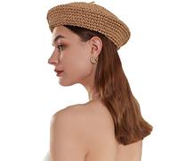 JH JOEJERRY Boina de paja para verano, boina francesa para mujer, boina de ganchillo, Caqui, 7 1/8-7 1/4