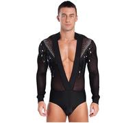 Jhaoyu Body de baile de manga larga para hombre, de malla latina, ajustado, con flecos, para fiesta, tango, rumba, fiesta, danza, disfraz, Negro , XL