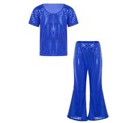 Jhaoyu Conjunto de baile metálico para niñas, top metálico de manga corta, pantalones acampanados, chándal, ropa deportiva de gimnasia, conjunto de jazz hip hop, azul cobalto, 110-116