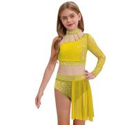 Jhaoyu Conjunto de danza para niñas con top corto de lentejuelas y falda de swing; para danza latina, jazz, lírica, performance en escenario; ropa de baile, amarillo, 122-128