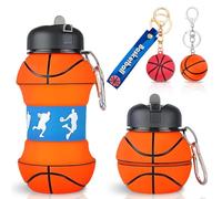 JhavexToy Botella Agua Silicona Diseño Básquetbol,Plegable Botella de Deportes de Básquetbol, 550 ml, A prueba de fugas,Sin BPA,Básquetbol Anillo de Llave, Compacta para Deportes, Camping