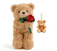 JhavexToy Oso de Peluche Marrón Flocado con Rosa Roja & Llavero Mini Oso - Accesorio Suave (30cm), Regalo Tierno para Mamá, Amiga, Cumpleaños, San Valentín & Decoración de Hogar