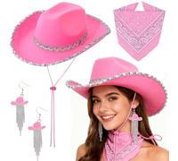 JhavexToy Sombrero de Cowboy, 3Pcs Vaquero Mujer con Bandana y Pendientes, Cowboy Hat Mujer, Western Cowgirl Hat para Baile, Boda, Fiesta, Cosplay - Pink