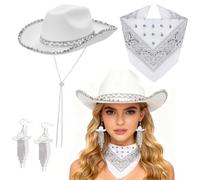 JhavexToy Sombrero de Cowboy, 3Pcs Vaquero Mujer con Bandana y Pendientes, Cowboy Hat Mujer, Western Cowgirl Hat para Baile, Boda, Fiesta, Cosplay