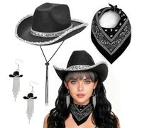 JhavexToy Sombrero de Cowboy, 3Pcs Vaquero Mujer con Bandana y Pendientes, Cowboy Hat Mujer, Western Cowgirl Hat para Baile, Boda, Fiesta, Cosplay- Black