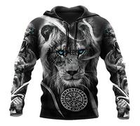 JHBTFQ Viking Warrior Tattoo Sudadera Capucha para Hombre, Sudadera Vintage Chaqueta Extragrande Estampado Mitología Nórdica,Lion Vegvisir Hoodie,L