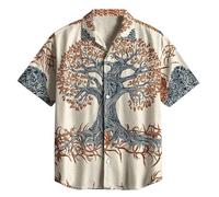 JHBTFQ Vikingo Yggdrasil/Árbol de la Vida Camisa Lino Manga Corta Estampado 3D Hawaiano Vintage para Mujer y Hombre Regalo Nórdico,Tree of Life,S