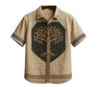 JHBTFQ Vikingo Yggdrasil/Árbol de la Vida Camisa Lino Manga Corta Estampado 3D Hawaiano Vintage para Mujer y Hombre Regalo Nórdico,Caqui,XL