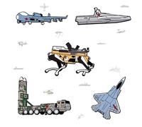 JHCHUYI Juego de 5 pines de monedas de desafío militar, avión de transporte de misiles, buque de guerra, insignias de metal, diseño mecánico de perro, regalos coleccionables para veteranos, pilotos