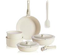 JHK Juego de 12 ollas y sartenes, juego de utensilios de cocina antiadherentes con mango desmontable, utensilios de cocina para tus necesidades de cocina en casa, beige