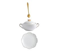 JHKNNK Juego de 3 Cuencos de Cerámica con Doble Asa, Tazón de Postre con Tapa y Cuchara Dorada, Cuenco para Sopa y Frutas, Vajilla para Cocina y Hogar, Utensilios de Cocina, Diseño