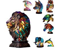 JHNGYJY Lámpara de Mesa Animal Estilo Vidriera Vintage,Luz Nocturna LED USB Lámpara de Mesita Decorativa de Resina para Dormitorio 22cm/8.6in,Regalo para Amantes de los Animales, Lion