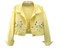 JHSDHYD Cazadora Vaquera Mujer Chaqueta vaquera de manga larga con flores bordadas en amarillo for mujer, primavera y otoño(M)