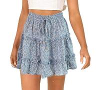 Jhsnjnr Linda falda con volantes y estampado floral para mujer, cintura elástica, plisada, estilo bohemio, para playa, con vuelo, para verano, azul, S