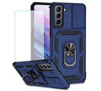 Jhxtech Funda para Galaxy S21 Plus, Samsung S21+ SM-G996U con protector de pantalla de vidrio templado y cubierta para cámara deslizante, anillo magnético, soporte para coche, funda con soporte para