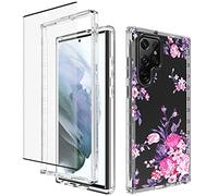 Jhxtech Funda para Galaxy S22 Ultra, SM-S908B con protector de pantalla de vidrio templado, bonito patrón floral transparente, funda protectora de cuerpo completo para Samsung Galaxy S22 Ultra 5G