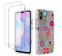 Jhxtech Funda para Redmi 9A M2006C3LG Redmi 9i M2006C3LII con protector de pantalla de vidrio templado, lindo patrón floral transparente funda protectora de cuerpo completo para Xiaomi Redmi 9A