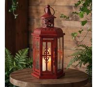 JHY DESIGN Farol Colgante Decorativo de 25 cm de Alto con Velas Vintage, portavelas de Metal con Cristal para Interior-jardín-balcón-salón (Rojo)
